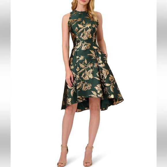 Adrianna Papell Metallic Jacquard Ruffle Trim Halter Neck High-Low Dress - Sz 14 - Picture 1 of 7
